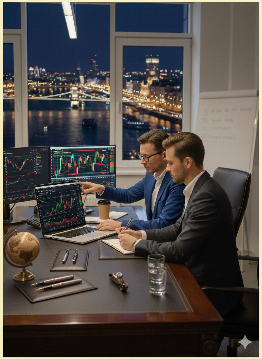 Profesionálna trading analýza - dvaja obchodníci pri monitoroch